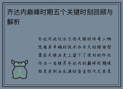齐达内巅峰时期五个关键时刻回顾与解析